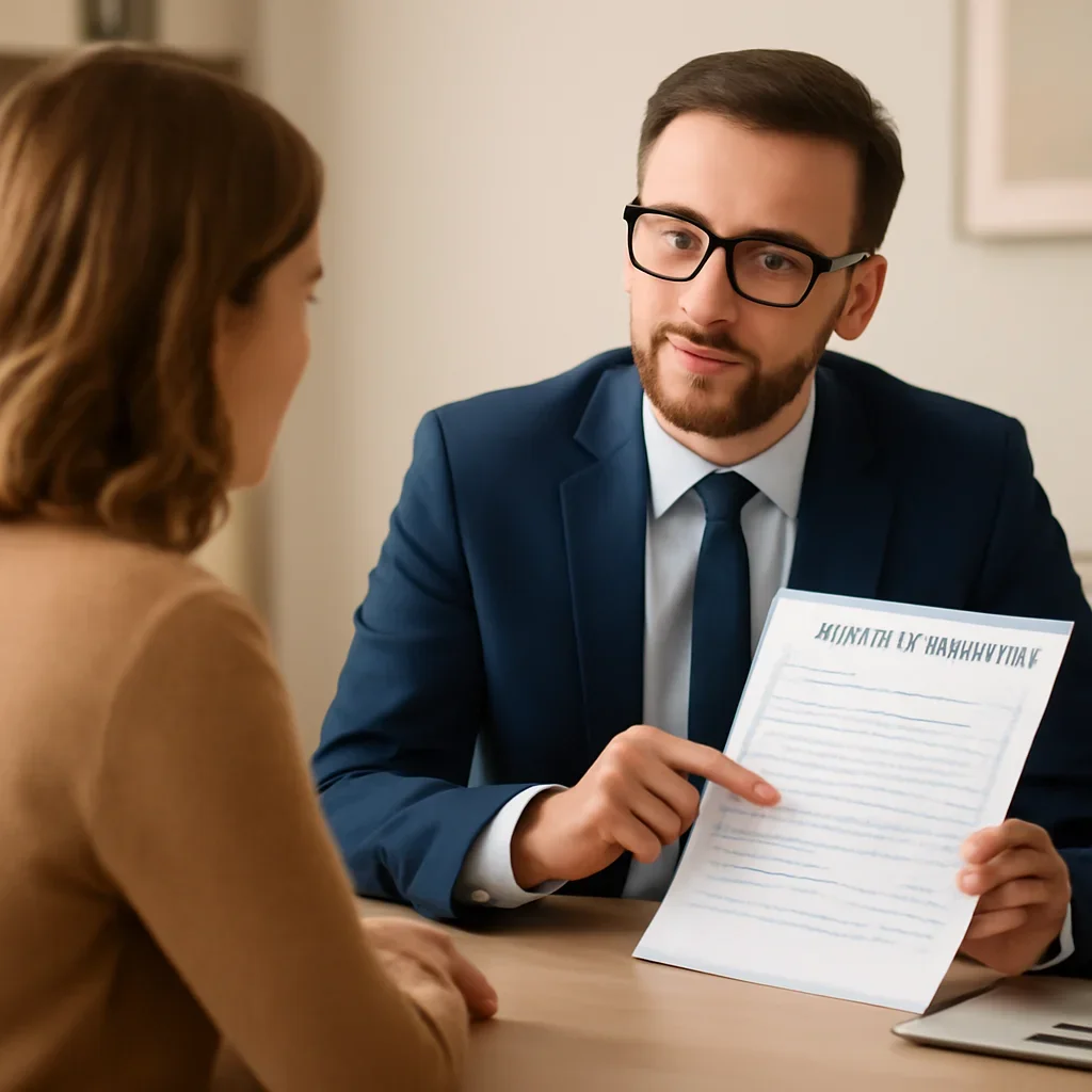 Broker reviewing visitor health insurance details
