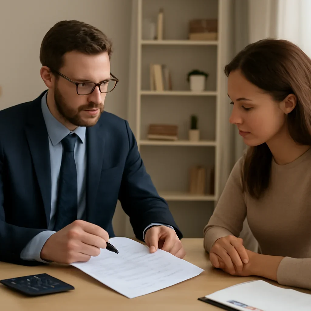 Broker reviewing home-based business insurance in details