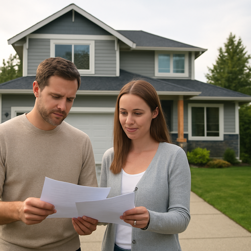Homeowners reviewing property insurance documents outside a BC home