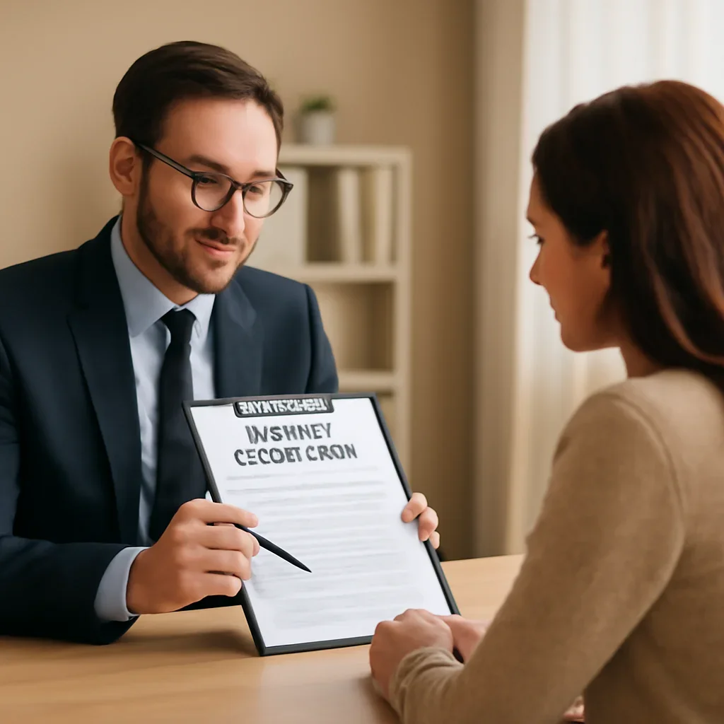 Broker reviewing condo insurance details