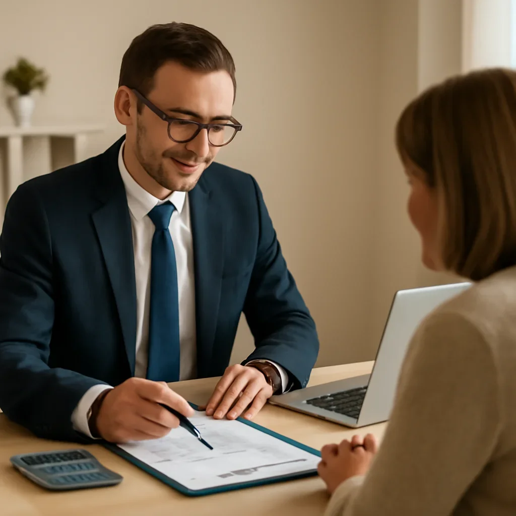 Broker reviewing insurance calculators details